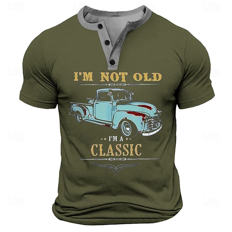 Men's Car 'CLASSIC' T Shirt Henley Shirt Short Sleeve Retro Vintage Street Casual Daily Summer Spring Black White Navy Blue Military Green Henley Henley T-Shirt3