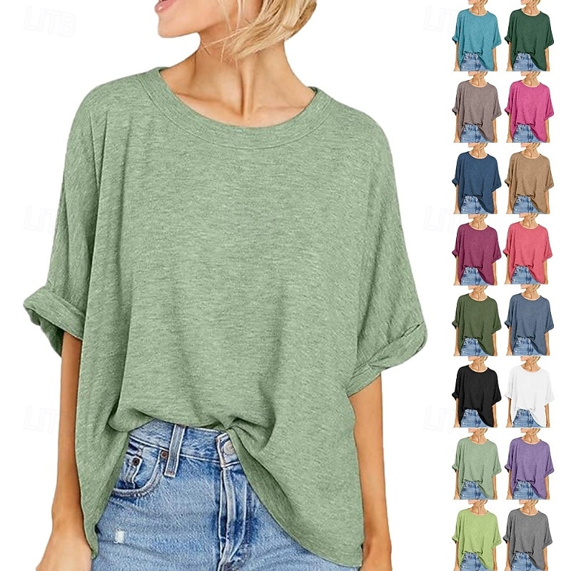 Women's Linen-Inspired Shirts T Shirt Plain Casual Short Sleeve Crew Neck Regular Tops Daily Going out Black Yellow Green Rose Pink Summer