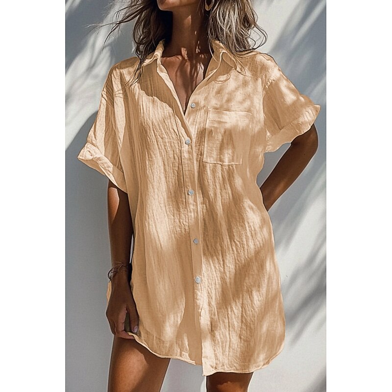 Women's Shirt Linen-Inspired Shirts Button Up Blouse Plain Basic Casual Short Sleeve Shirt Collar Long Tops Daily Holiday Buttons Pocket White Orange Green Apricot Light Blue Summer4