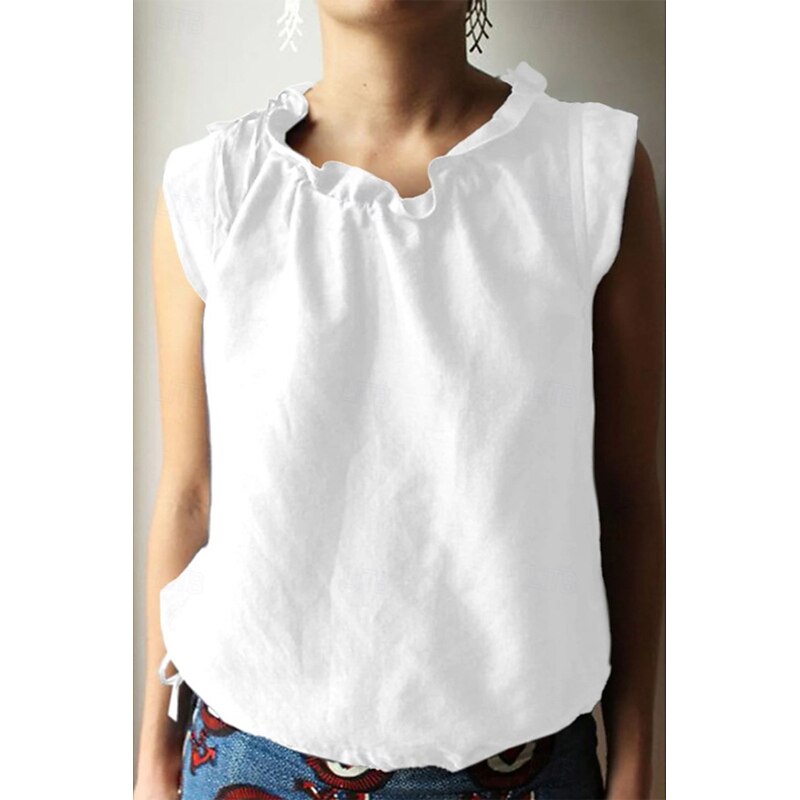 Women's Linen Shirt Blouse Plain Basic Modern Cotton Linen Vest  Crew Neck Regular Tops Daily Holiday Going out Black White Navy Blue Summer4
