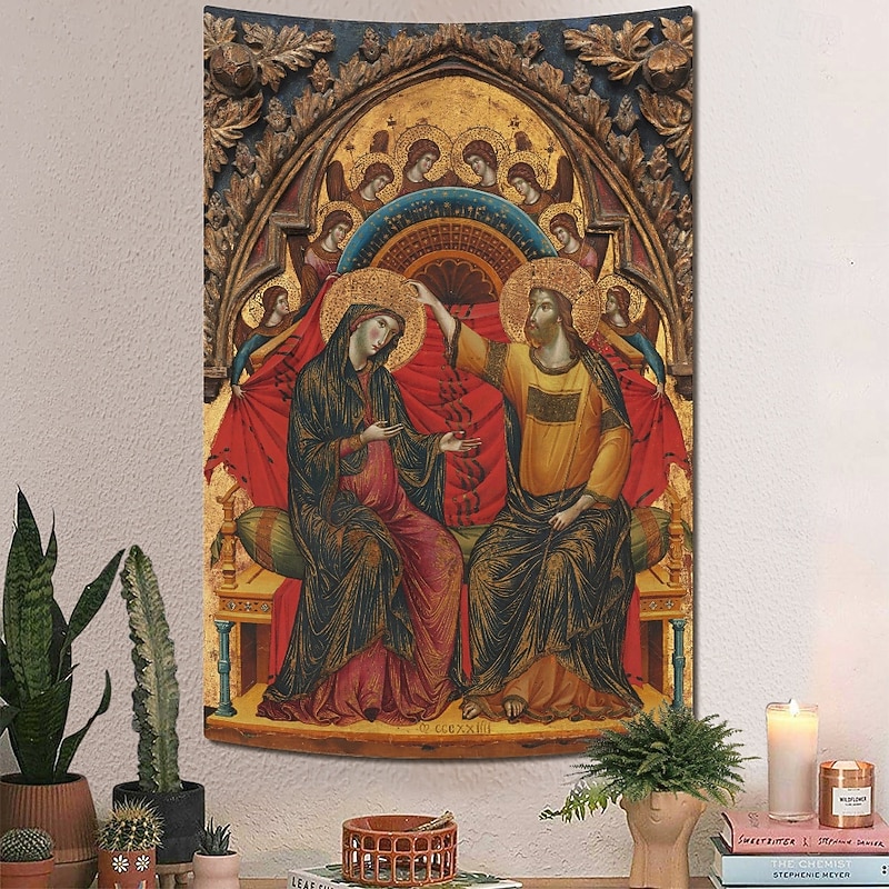 Medieval Tapestry Middle Age Tapestry Byzantine Art Large Tapestry Mural Decor Photograph Backdrop Home Bedroom Living Room Madonna of Humility, The Blessing Christ, Two Angels, and a Donor4
