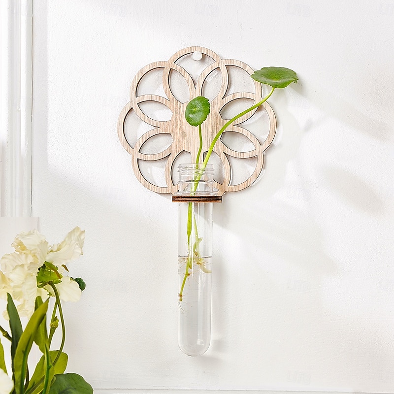 Wall-Mounted Plant Propagation Station – Wooden Rack with Plastic Test Tubes for Indoor Hydroponic Plant Cuttings, Home and Office Decor, Unique Gift for Gardening Enthusiasts