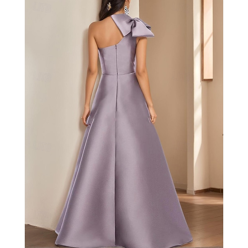 A-Line Evening Gown Elegant Dress Formal Evening Party Floor Length Sleeveless One Shoulder Satin with Bow(s) Pleats2