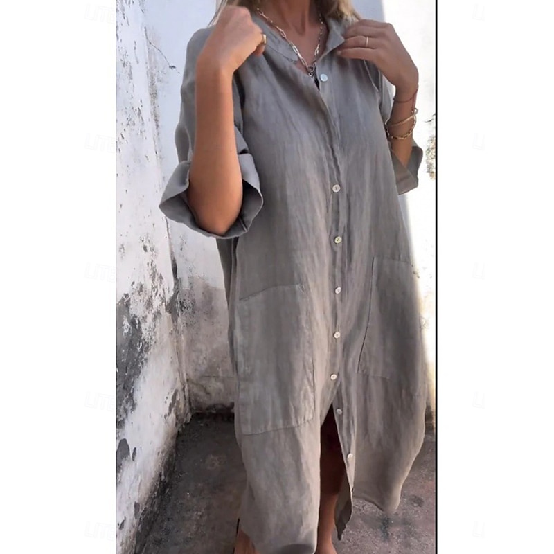 Women's Cotton Midi Dress Athletic Dress Casual Cocktail Office Date Regular Fit Plain Half Sleeve Shirt Collar Black Red Blue Orange Summer