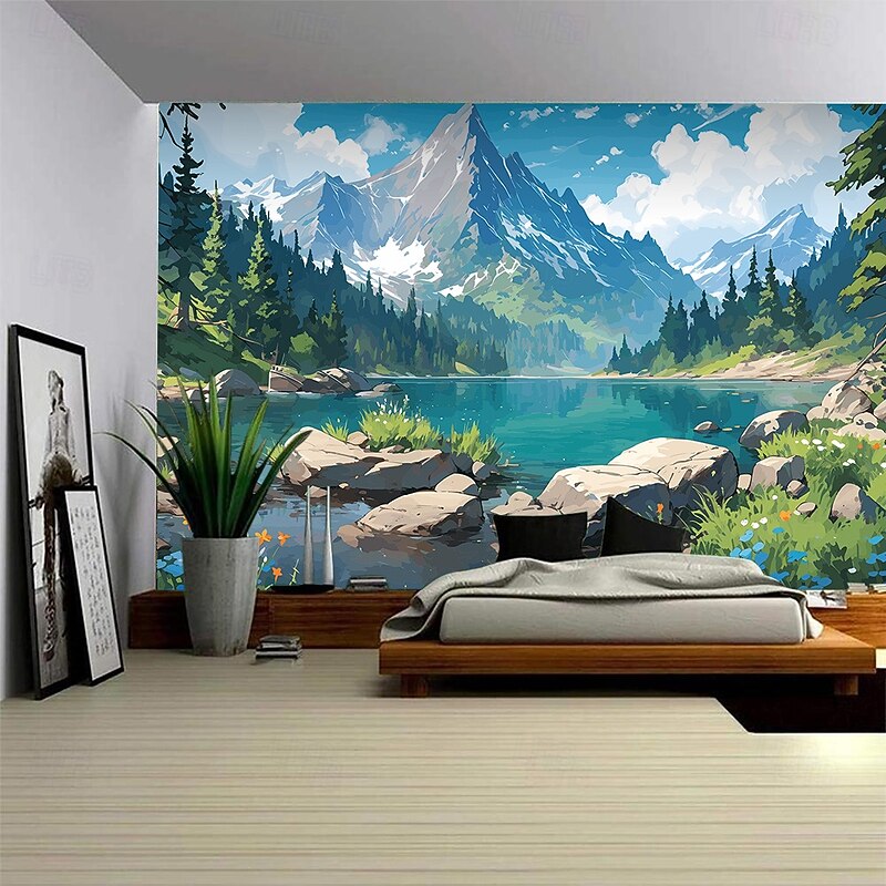 Landscape Mountain River Hanging Tapestry Wall Art Large Tapestry Mural Decor Photograph Backdrop Blanket Curtain Home Bedroom Living Room Decoration2