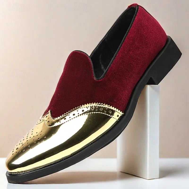 Men's Prom Shoes - Burgundy Velvet and Gold Patent Leather Slip-Ons with Brogue Detailing for Formal Wear