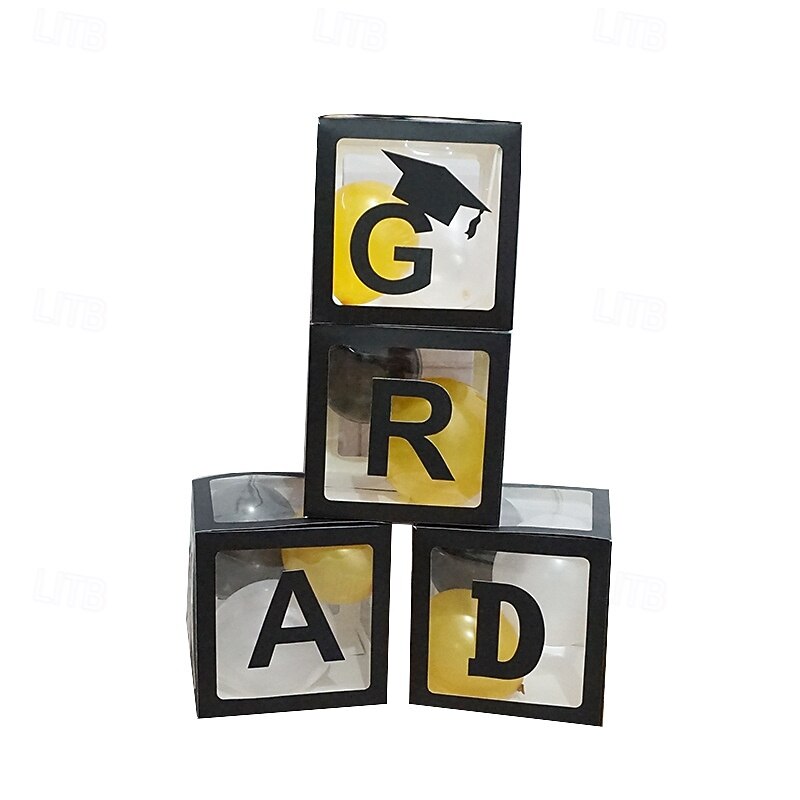 Graduation Decorations Class of 2025, 4pcs 2025 Graduation Party Black Balloon Boxes with Letters GRAD, 2025 for Preschool Kindergarten High School College Grad Party Celebration Supplies4