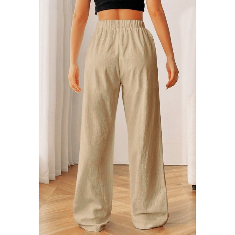 Women's Cotton Linen Pants Slacks Streetwear Casual Full Length Natural Plain Pocket Elastic Waist Outdoor Comfortable Street Going out Black Khaki Summer Regular Fit4