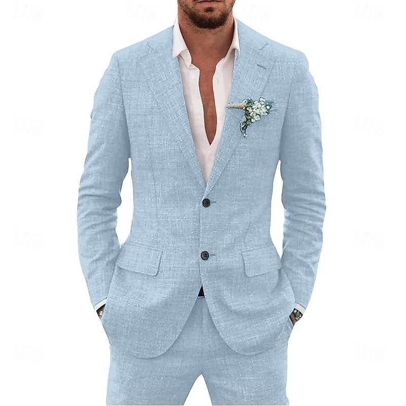 Men's Beach Wedding Linen Suits Notch Notch Lapel Sky Blue Beige Solid Colored Tailored Fit 2 Piece Single Breasted Two-buttons2