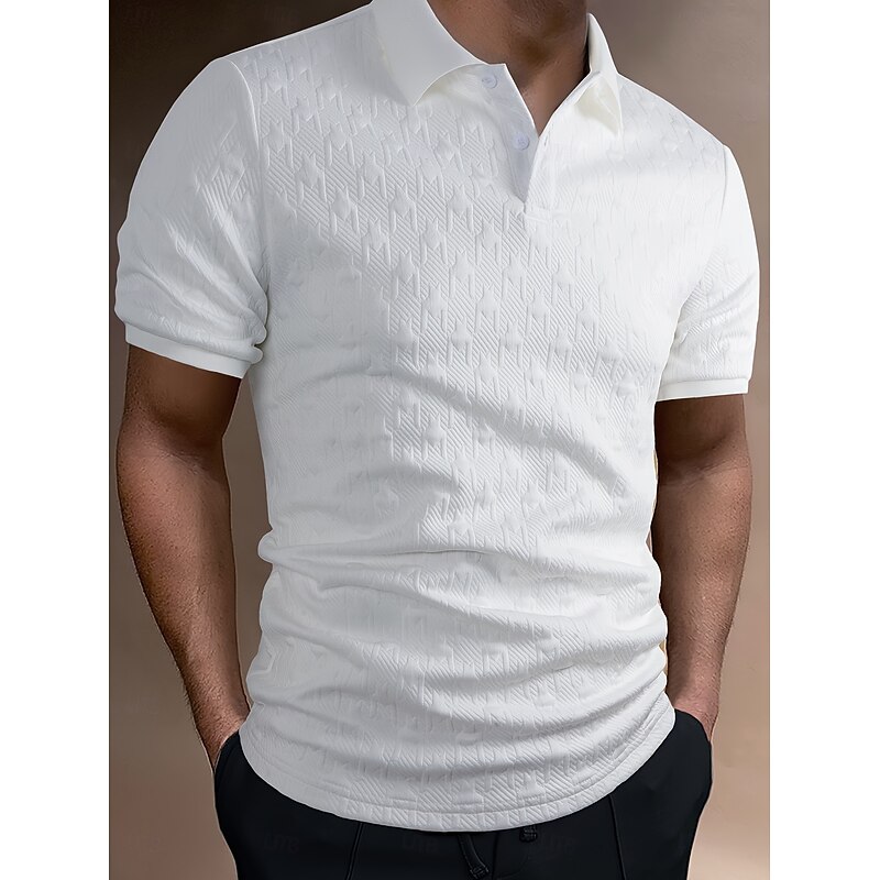 Men's Golf Shirt Knit Polo Business Casual Classic Short Sleeve Fashion Modern Solid Color Houndstooth Buttons Summer Spring Regular Fit White Golf Shirt