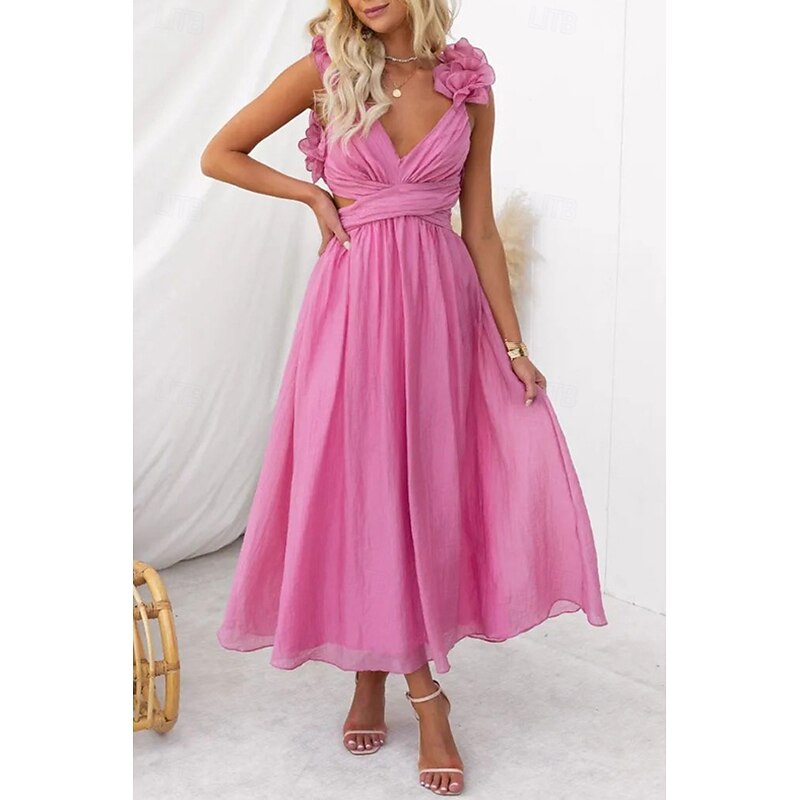 Women's Midi Dress Cocktail Dress Elegant Fashion Party Date Tea Party Regular Fit Plain Sleeveless V Neck White Pink Summer - Main Image