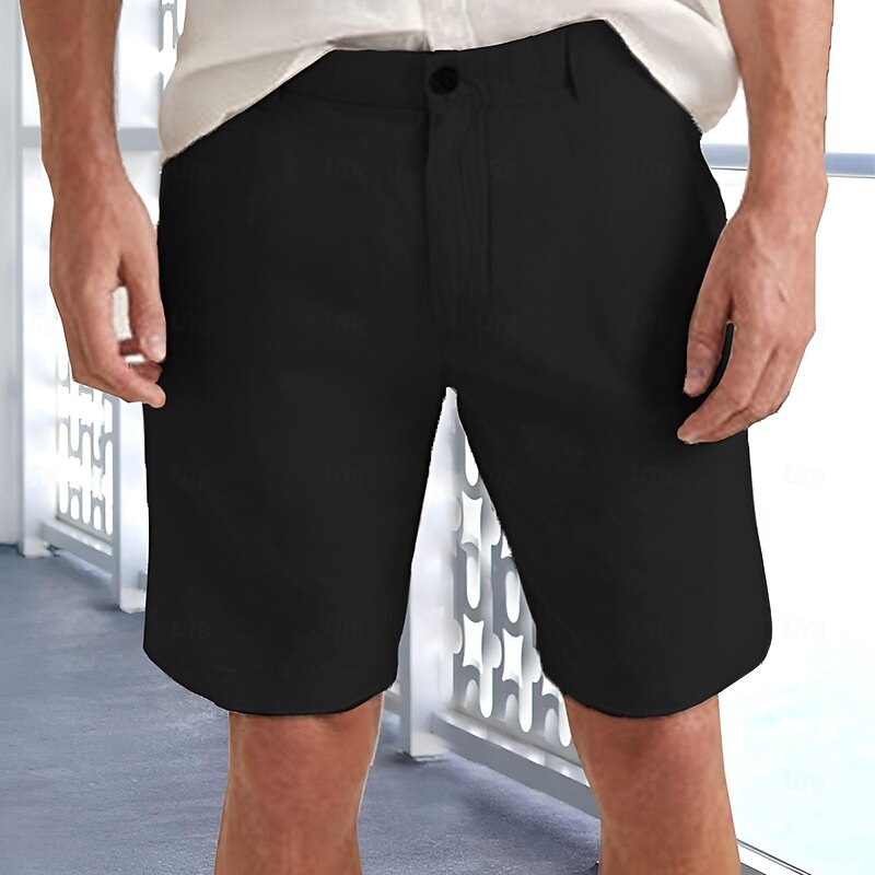 Men's Shorts Linen Shorts Dress Shorts Summer Shorts Beach Shorts Zipper Buttons Pocket Plain Comfort Breathable Knee Length Outdoor Business Daily Fashion Casual Black White Inelastic2