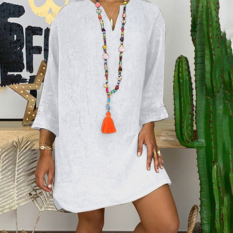 Women's Mini Dress Linen-Inspired Dresses Cotton Linen Dress Fashion Basic Classic Daily Going out Weekend Regular Fit Plain Long Sleeve V Neck White Yellow Army Green Navy Blue Summer2