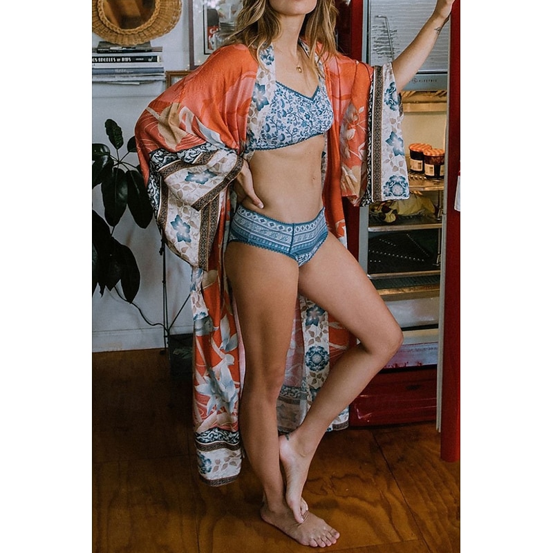 Women's Swimwear Cover Up Swimsuit Tie Front Tropical Beach Wear Flower V Wire Long Sleeve Bathing Suits2
