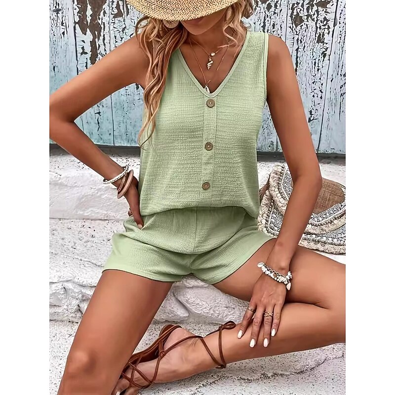 Women's 2 Pieces Fashion Streetwear Daily Shorts Sets Sleeveless V Neck Plain Casual Daily Black Light Green Orange Summer Regular Fit2