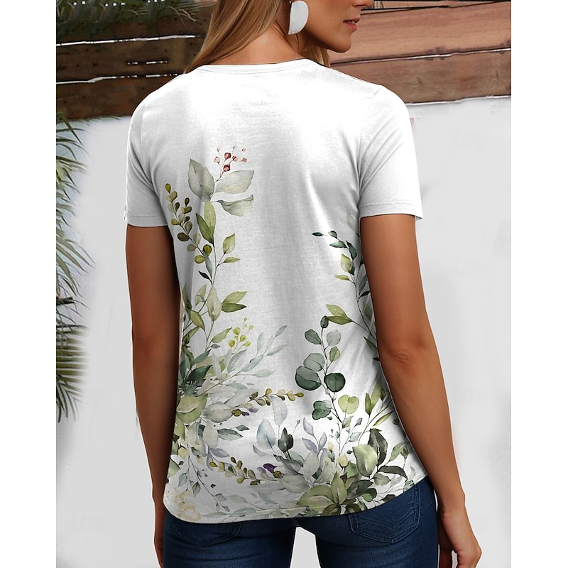 Women's T Shirt Floral Casual Short Sleeve Round Neck Regular Tops Daily Going out Weekend Print White Summer2