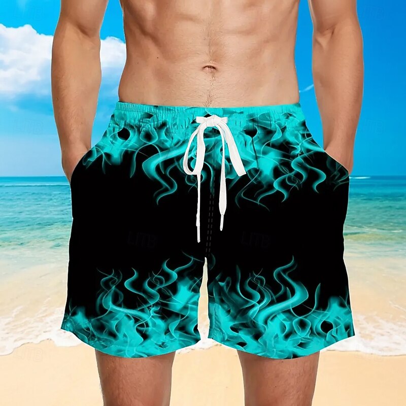 Men's 3D Print Flame Board Shorts Swimming Trunks Summer Shorts Mid Waist Streetwear Hawaiian Beach Vacation Wear Side Pockets Mesh Lining Elastic Drawstring Waist Designer Clothing Apparel3
