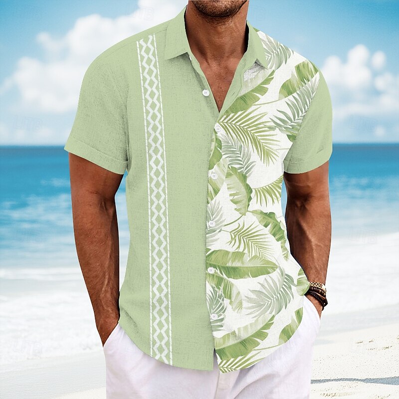 Men's Geometric Palm Leaf Tropical Plants Shirt Guayabera Shirt Summer Hawaiian Shirt Short Sleeve Hawaiian Vacation Dailywear Beach Wear Summer Spring Turndown Button Up Collared Shirts Pink Blue