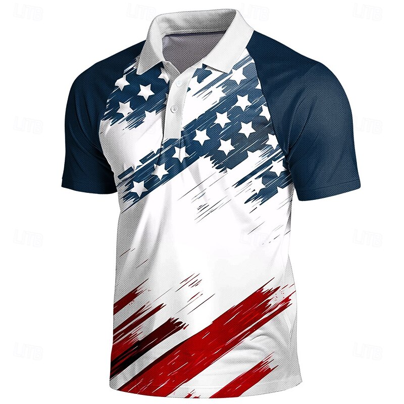 American Independence Day Men's American Flag Polo Short Sleeve Polo Shirts Collared Shirts Vintage Casual Outdoor Athleisure Buttons 3D Print Summer White Blue Dark Blue3