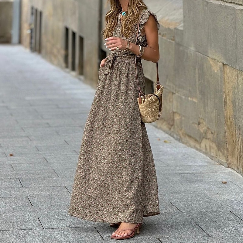 Women's Long Dress Maxi Dress Print Dress Fashion Outdoor Holiday Weekend Regular Fit Flower Sleeveless V Neck Brown Summer