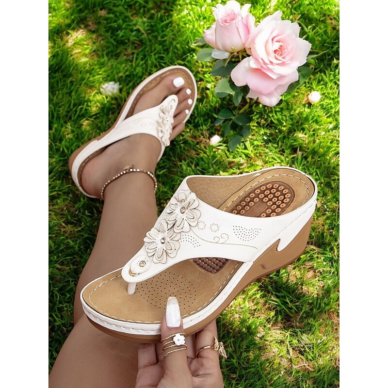 Women's Flip-Flop Wedge Sandals with Massage Footbed – Floral Bohemian Thong Slippers for Casual Summer, Beach and Outdoor Comfort