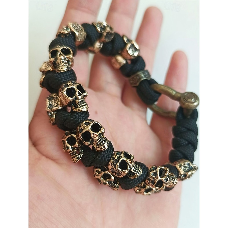 Men's Punk Skull Bracelet - Survival Handwoven Paracord Bracelet, Metal Gothic Biker Wristband, Rock Style Jewelry for Parties and Concerts3