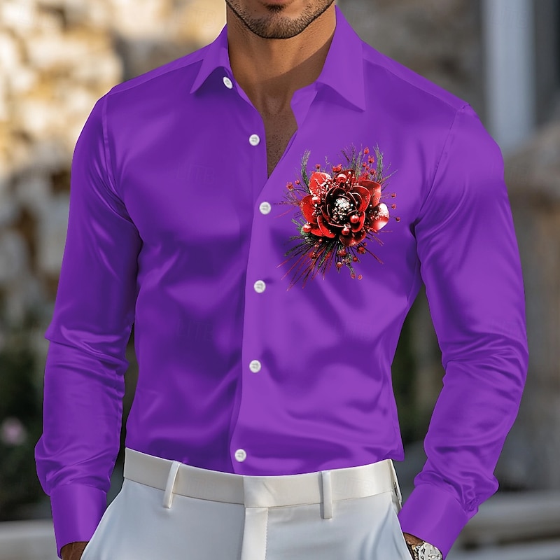Kentucky Derby Men's Floral Print Rose Satin Shirt Dress Shirt Button Up Shirt Long Sleeve Fashion Casual Wedding Vacation Evening Party Summer Spring Turndown Collared Shirts 3D Print Funny Kentucky3