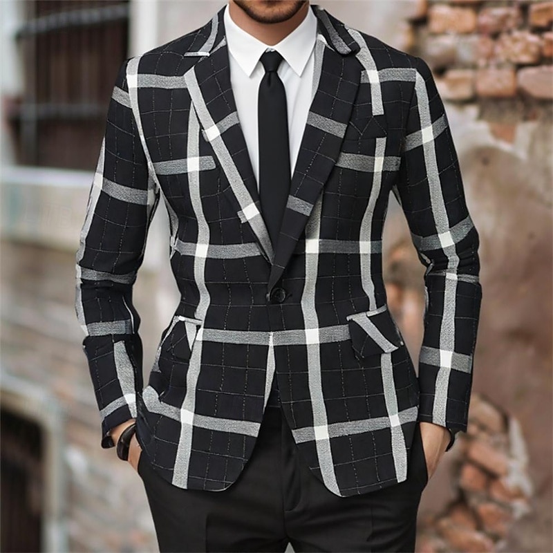 Men's Graduation Blazer Business Cocktail Party Wedding Party Fashion Casual Spring Autumn / Fall Polyester Plaid Pocket Buttons Comfortable Single Breasted Blazer Black Brown Coffee Gray