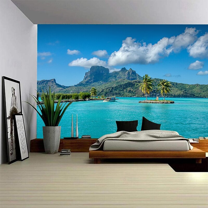 Landscape Ocean Hanging Tapestry Wall Art Large Tapestry Mural Decor Photograph Backdrop Blanket Curtain Home Bedroom Living Room Decoration Palm Trees