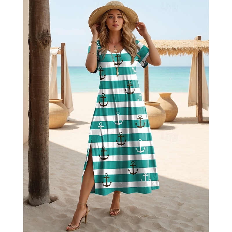 Women's Maxi Dress T Shirt Dress Tee Dress Sundress Shift Dress Vacation Casual Beach Party Beach Regular Fit Geometric Stripe Sea Short Sleeve Crewneck Red Blue Green Summer Spring3