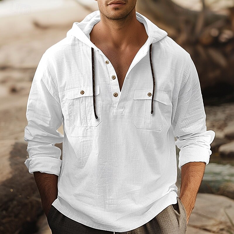 Men's Shirt Linen Shirt Summer Shirt Beach Shirt Hooded Shirt Plain Casual Daily Black White Brown Khaki Long Sleeve Hooded Spring & Summer Clothing Apparel