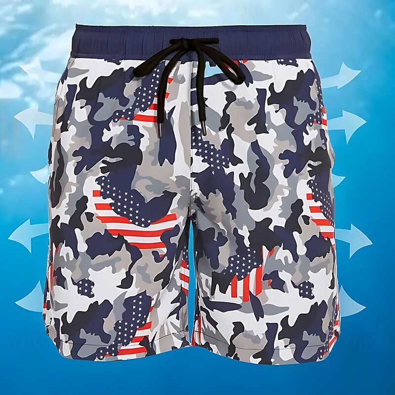 Men's Camouflage American US Flag Lined Shorts 2 in 1 Board Shorts Swim Shorts Mid Waist Hawaiian Vacation Holiday Beach Wear Side Pockets With Compression Liner Elastic Drawstring Waist Designer2