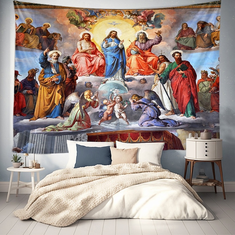 Medieval Tapestry Middle Age Wall Art Jesus and Angels Large Tapestry Mural Decor Photograph Backdrop Blanket Curtain Home Bedroom Living Room Decoration