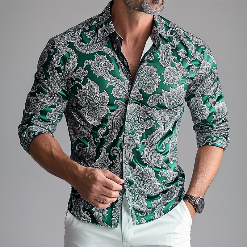 Men's Shirt Satin Shirt Summer Shirt Casual Shirt Button Up Shirt Wine Blue Green Long Sleeve Floral Paisley Collar Vacation Casual Clothing Apparel Elegant Fashion Casual4