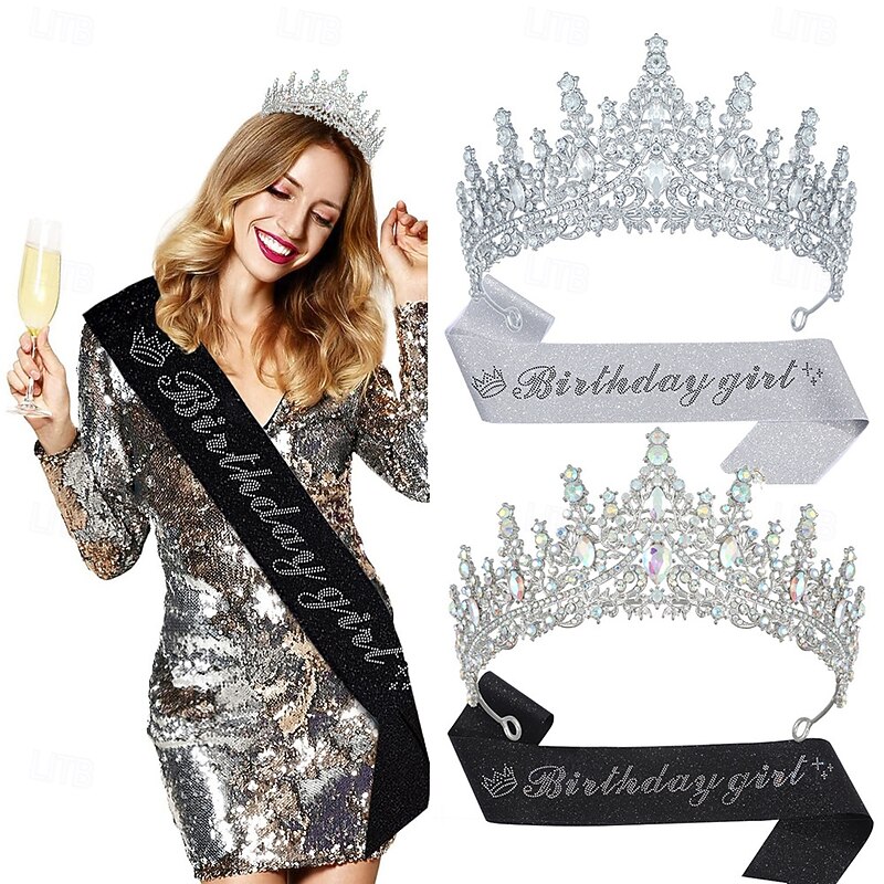 Birthday Party Elegant Birthday Girl 2-Piece Set Rhinestone-Embedded Crown and Sash for Ball and Party