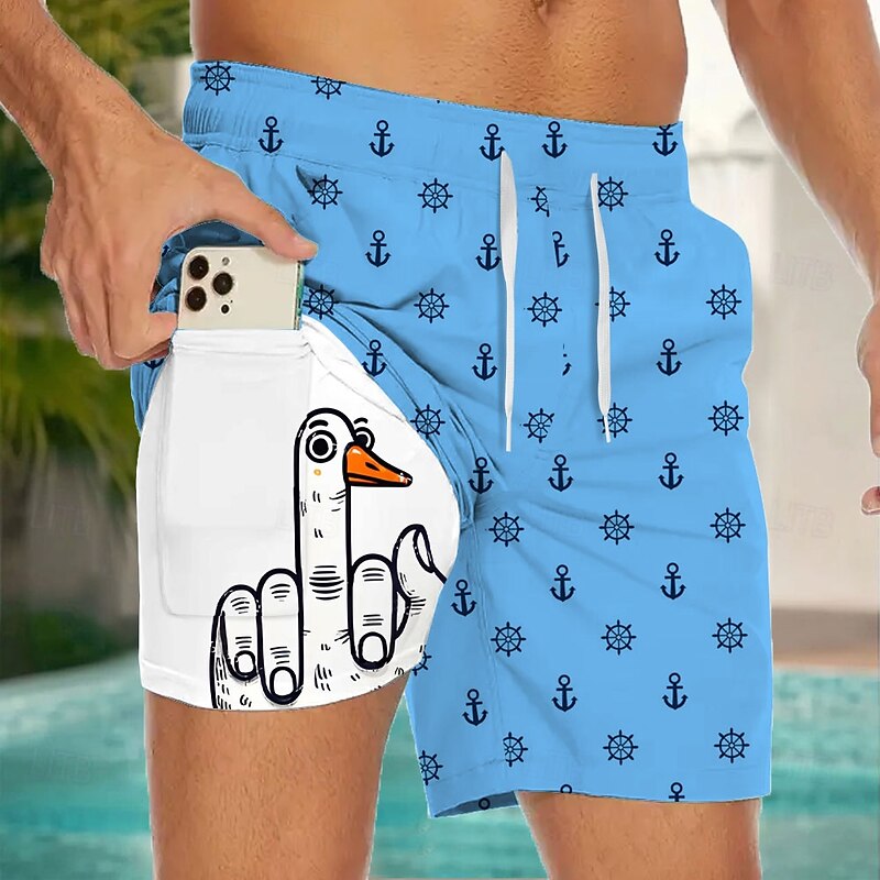 Men's Anchor Funny Duck Lined Shorts 2 in 1 Board Shorts Swim Shorts Mid Waist Hawaiian Vacation Beach Wear Side Pockets With Compression Liner Elastic Drawstring Waist Designer Clothing Apparel3