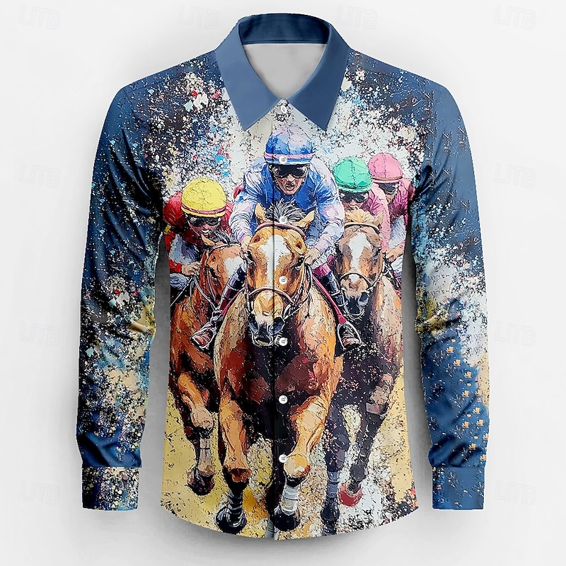 Kentucky Derby Men's Horse Racing Shirt Button Up Shirt Long Sleeve Vintage Retro Holiday Festival Summer Spring Turndown 3D Print Funny Kentucky Derby Shirts Blue