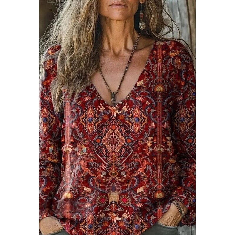 Women's Linen-Inspired Shirts T Shirt Floral Fashion Casual Long Sleeve V Neck Regular Tops Daily Going out Print Red Orange Brown Green Summer