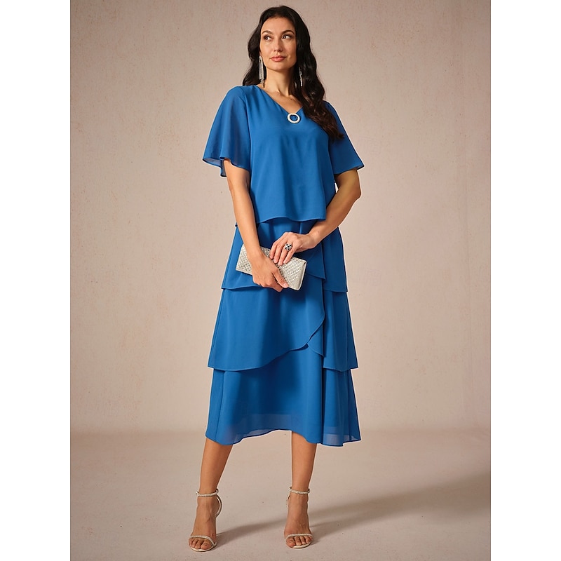 Women's Knee Length Dress Chiffon Dress Elegant Stylish Flowy Wedding Wedding Guest Loose Fit Solid Color Short Sleeve V Neck Royal Blue Summer Spring4