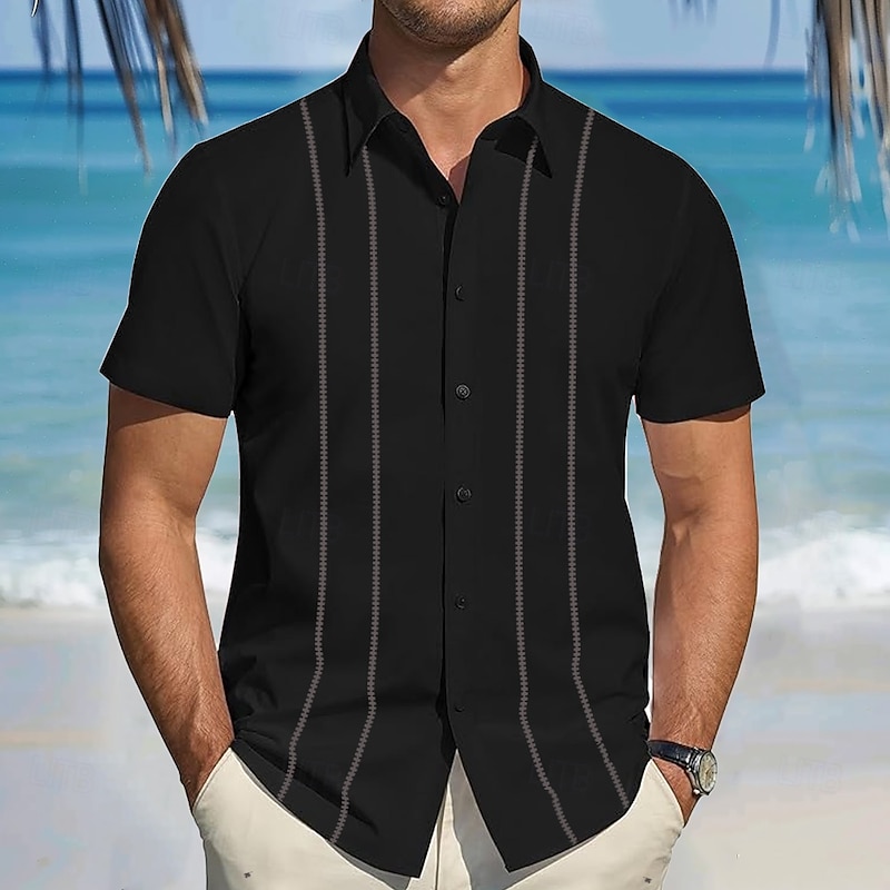 Men's Geometric Shirt Guayabera Shirt Button Up Shirt Short Sleeve Fashion Casual Vacation Dailywear Beach Wear Summer Spring Turndown 3D Print Collared Shirts Black White Pink