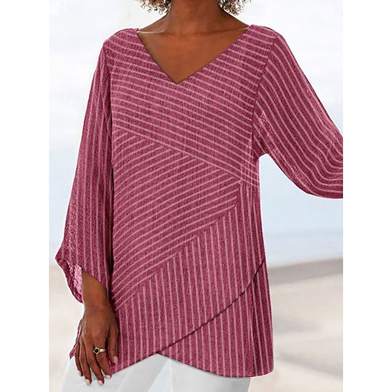 Women's Blouse Long Sleeve Asymmetrical Hem Graphic Striped Stylish Beach 3/4 Length Sleeve V Neck Regular Tops Daily Print Pink Blue Gray Spring Fall2