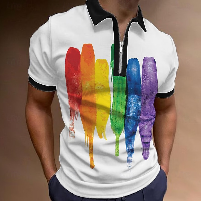 Men's Splash Ink Zip Polo Short Sleeve Turndown Casual Daily Outdoor Dailywear Athleisure Zipper Summer White Black2