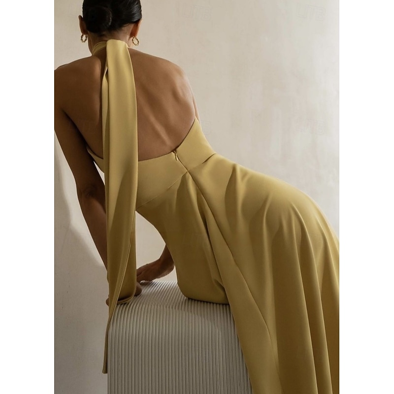 A-Line Evening Gown Elegant Dress Formal Evening Party Floor Length Sleeveless Halter Neck Italy Satin Backless with Strappy2
