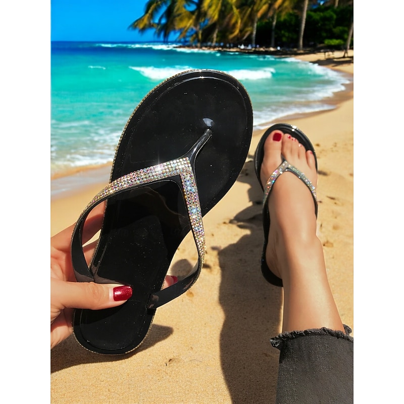 Women's Black Rhinestone Flip-Flops – Stylish and Comfortable Summer Sandals for Beach Vacations and Casual Wear4