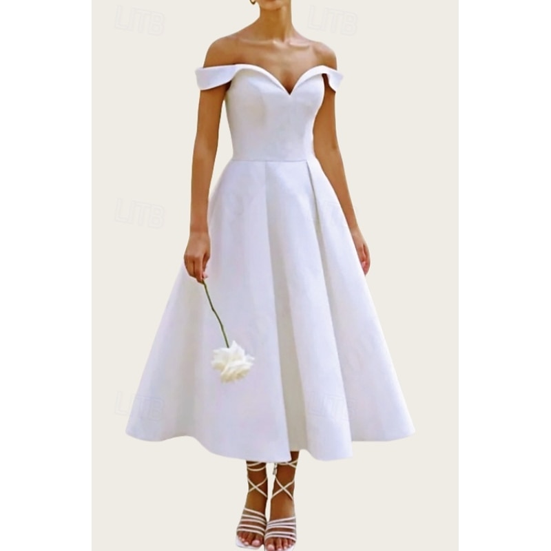 Engagement Little White Dress Bridal Shower Dresses Wedding Dresses A-Line Off Shoulder Short Sleeve Ankle Length Satin Bridal Gowns With Pleats4