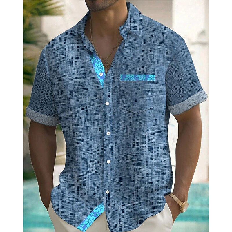 Men's Shirt Summer Shirt Casual Shirt Beach Shirt Button Up Shirt Blue Dark Gray Short Sleeve Floral Print Shirt Collar Vacation Hawaiian Clothing Apparel Polyester Fashion Casual Comfortable