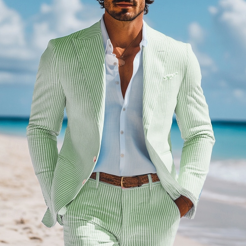 Men's Casual Beach Wedding Suits Sky Blue Sage Lightweight Solid Colored Standard Fit 2 Piece Single Breasted Two-buttons
