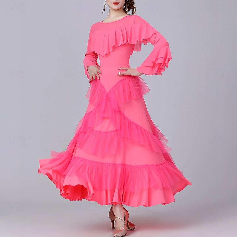 Latin Dance Skirts Pure Color Splicing Tulle Women's Performance Training Long Sleeve High Polyester4