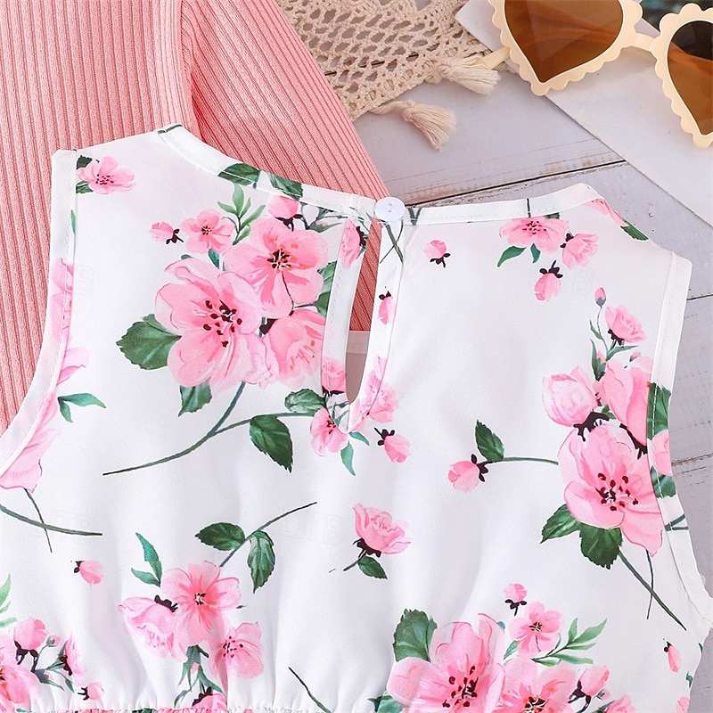 2 Pieces Kids Girls' Floral Tie Knot Dress Suits Set Long Sleeve Fashion School 4 years+ Summer Pink Red Blue3