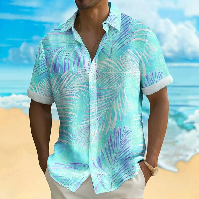 Men's Palm Leaf Tropical Plants Shirt Summer Hawaiian Shirt Button Up Shirt Short Sleeve Hawaiian Resort Vacation Holiday Beach Wear Summer Spring Turndown 3D Print Collared Shirts Blue Purple Green4